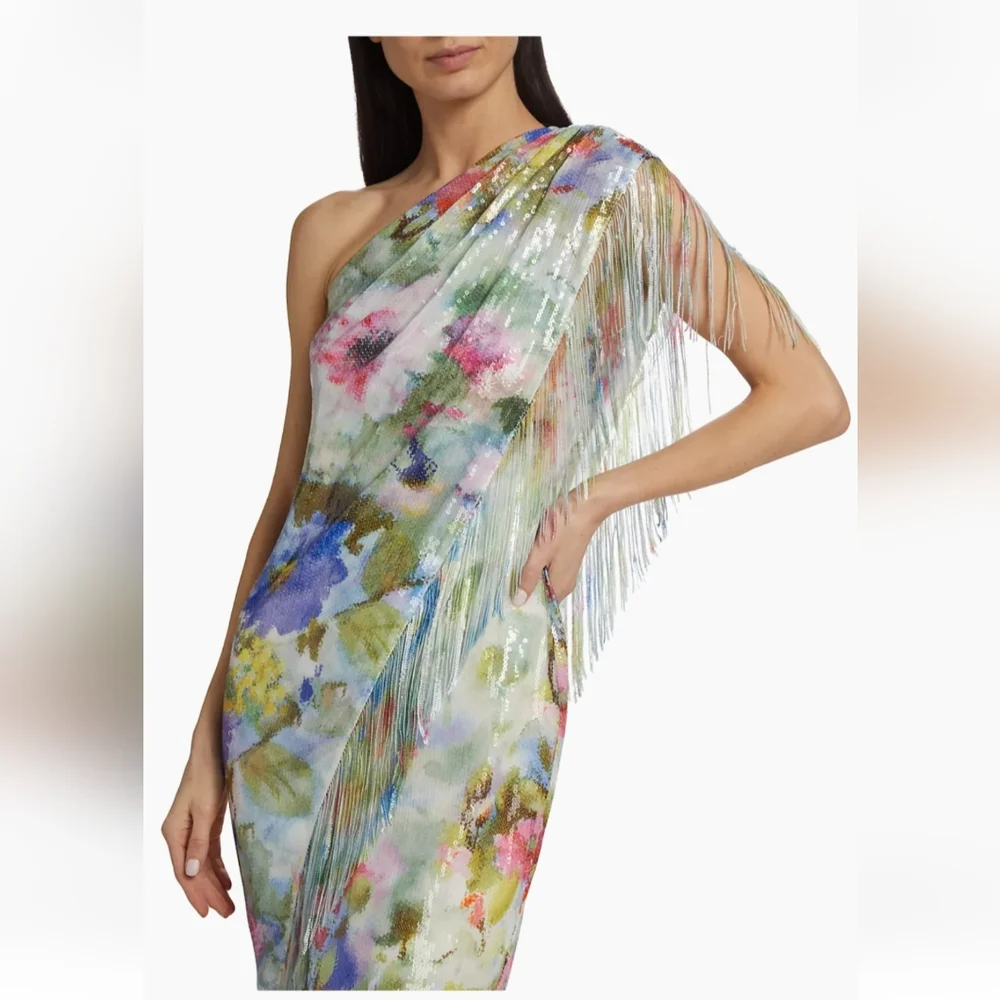 BADGLEY MISCHKA Green Multi Fringe Sequin Floral One Shoulder Dress - Picture 9 of 17